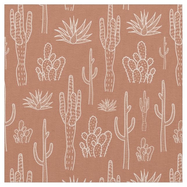 Boho Cactus Western Southern Warm Neutral Clay Fabric (Close Up)
