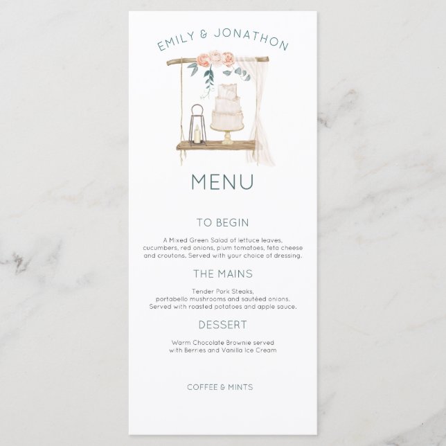 Boho Cake Candle Florals Eucalyptus Wedding Menu (Front)