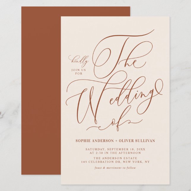 Boho Calligraphy Terracotta Wedding Invitation (Front/Back)