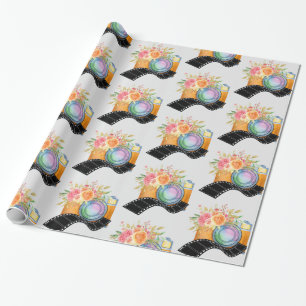 Boho Camera & Florals Watercolor Pattern Wrapping Paper
