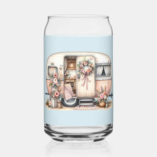 Boho Camper with Floral Wreath & Pastels Pink Can Glass (Front)