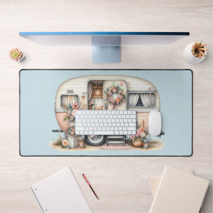 Boho Camper with Floral Wreath & Pastels Pink Desk Mat