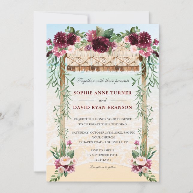 Boho Canopy Burgundy Floral Beach Maui Wedding Invitation (Front)