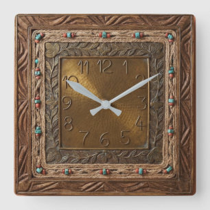 Boho Carved Wood & Brass Turquoise & Coral Beads Square Wall Clock