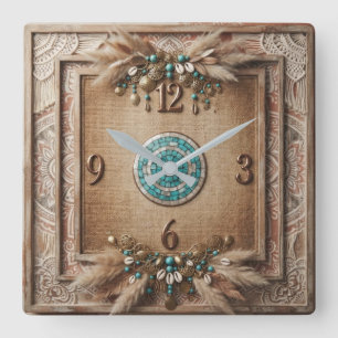 Boho Carved Wood & Turquoise Mosaic Square Wall Clock