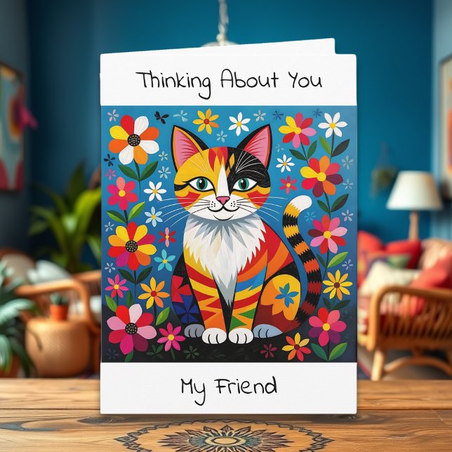 Boho Cat, Flowers & Butterfly Thinking of You Card (Creator Uploaded)
