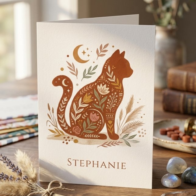 Boho Cat Greeting Card – Cat Lover Gift (Boho cat lover personalized note card)