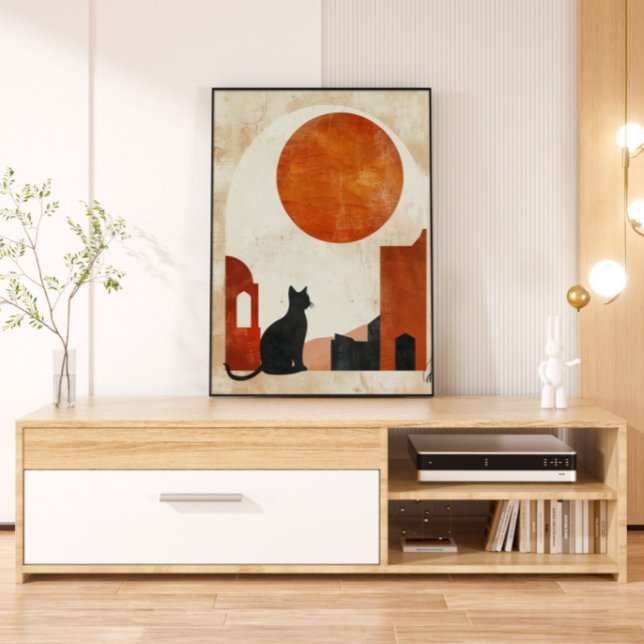 Boho Cat Silhouette | Abstract Sun Minimalist Deco Canvas Print (Creator Uploaded)