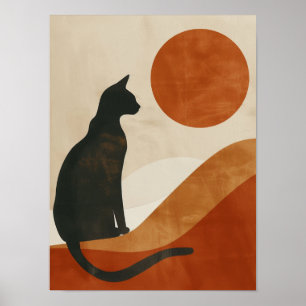 Boho Cat Silhouette   Sunset Abstract Minimalist Poster