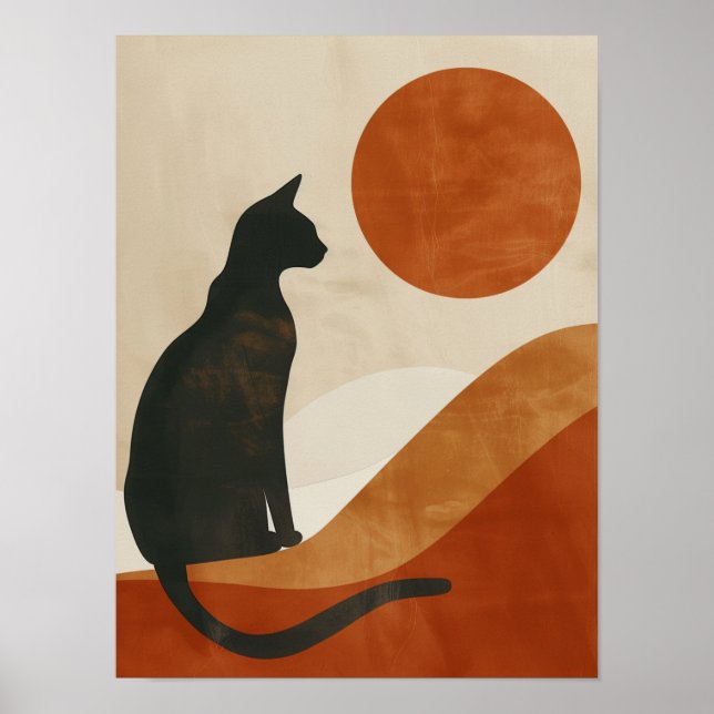 Boho Cat Silhouette | Sunset Abstract Minimalist Poster (Front)