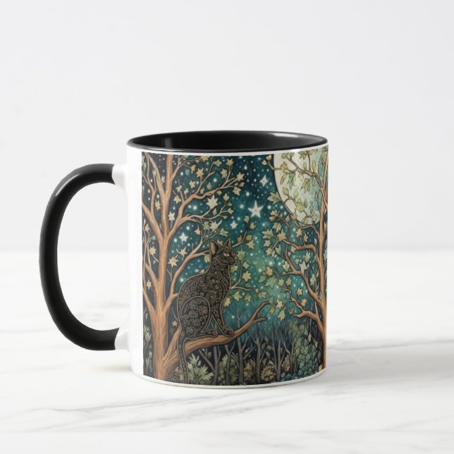 Boho cat starry night sky woodland forest mug (Left)