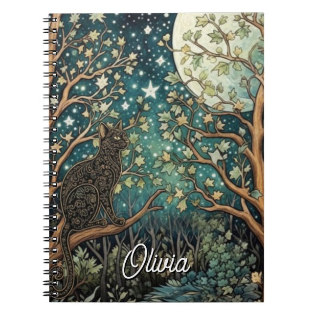 Boho cat starry night sky woodland forest notebook (Front)
