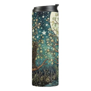 Boho cat starry night sky woodland forest thermal tumbler