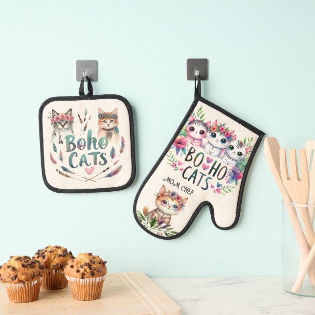BOHO Cats Retirement Mum Grandma Wife Custom  Oven Mitt & Pot Holder Set (Insitu(Hanging))