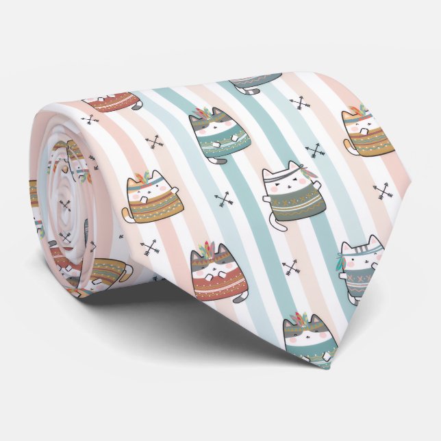  Boho Cats Tribal Pattern  Tie (Rolled)