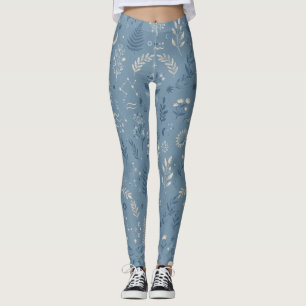 Boho Celestial Botanical Dusty Blue Activewear Leggings