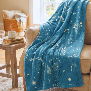 Boho Celestial Botanical Dusty Blue Cosy Throw Fleece Blanket