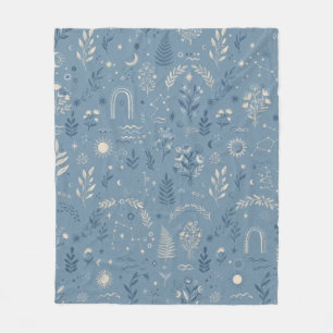 Boho Celestial Botanical Dusty Blue Cosy Throw Fleece Blanket