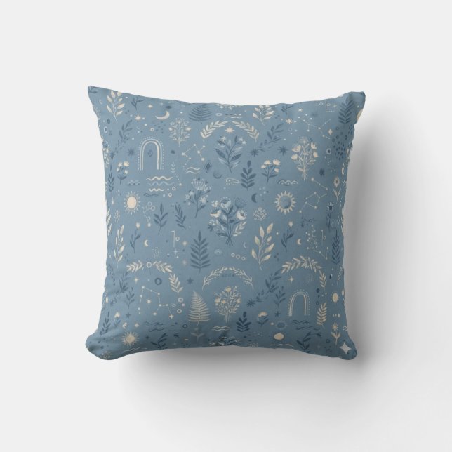Boho Celestial Botanical Dusty Blue Cushion (Front)