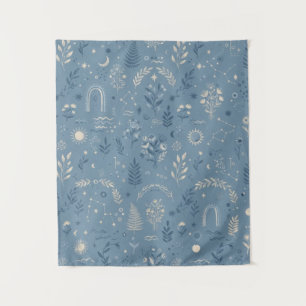 Boho Celestial Botanical Dusty Blue Wall Hanging Tapestry