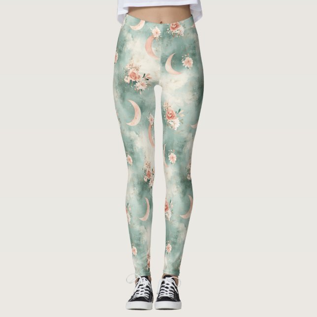 Boho Celestial Floral Moon Pattern (7) Leggings (Front)