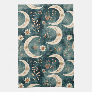 Boho Celestial Floral Moon Pattern (9) Tea Towel