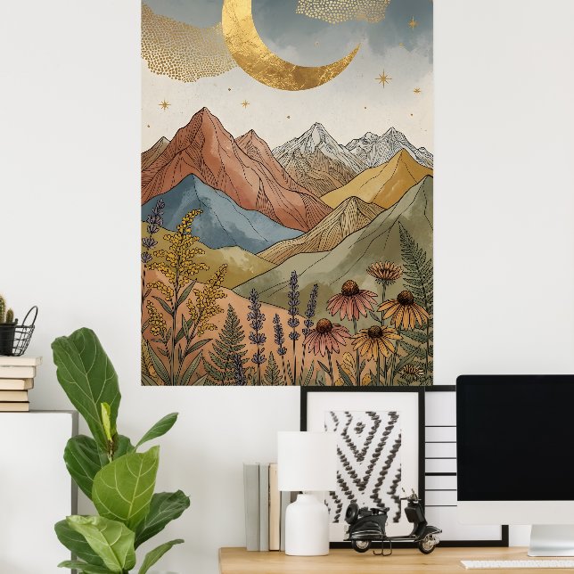 Boho Celestial Gold Crescent Moon Mountain Poster (Home Office)