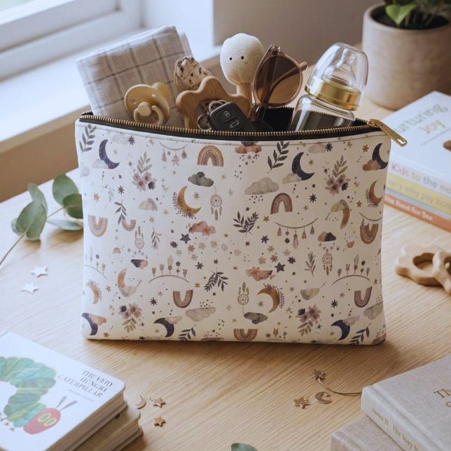 Boho Celestial Makeup Pouch| Neutral Moon and Star Accessory Pouch (Cute boho rainbow celestial zipper pouch. Durable travel bag organizer, ideal baby shower gift! )