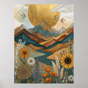 Boho Celestial Mandala River Mountain Sun Poster