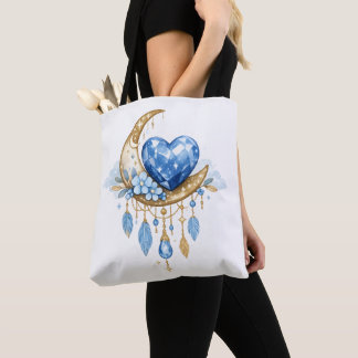 Boho Celestial Moon & Crystal Heart Tote Bag –