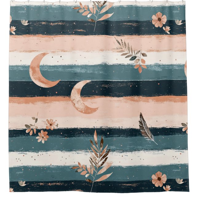 Boho Celestial Moon Stripe in Earth Tones Shower Curtain (Front)