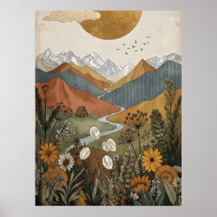 Boho Celestial Mountain A Frame Cabin River Poster