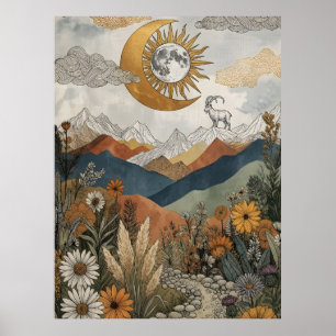 Boho Celestial Mountain Goat Eclipse Moon Poster