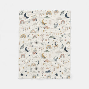 Boho Celestial Neutral Moon and Stars Fleece Blanket
