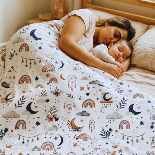 Boho Celestial Neutral Moon and Stars Fleece Blanket