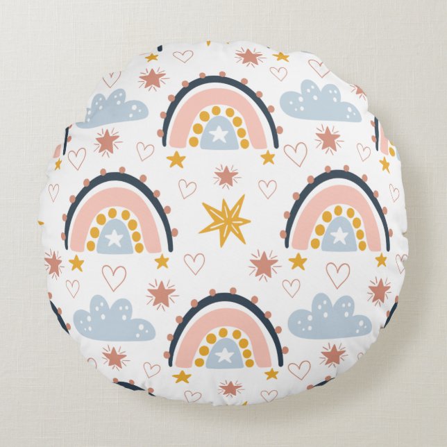 Boho Celestial Rainbows & Starbursts Pattern Round Cushion (Front)