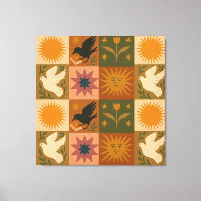 Boho Celestial | Retro Sun & Moon Canvas Print (Front)