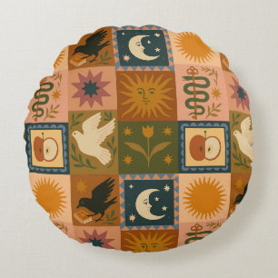 Boho Celestial Retro Sun & Moon Round Cushion