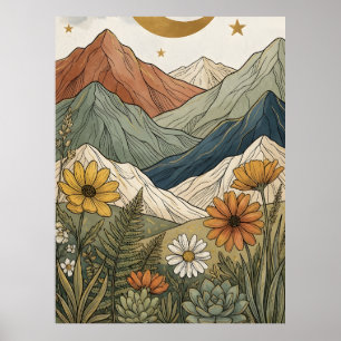 Boho Celestial Starry Mountain Succulent Poster
