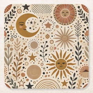 Boho Celestial Sun and Moon Pattern Square Paper Coaster