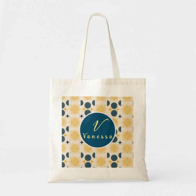 Boho Celestial Sun Moon Monogram Script  Tote Bag (Front)