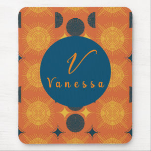 Boho Celestial Sun Moon Orange Monogram Script Mouse Mat
