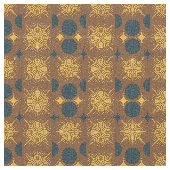 Boho Celestial Sun Moon Rustic Pattern Fabric (Close Up)