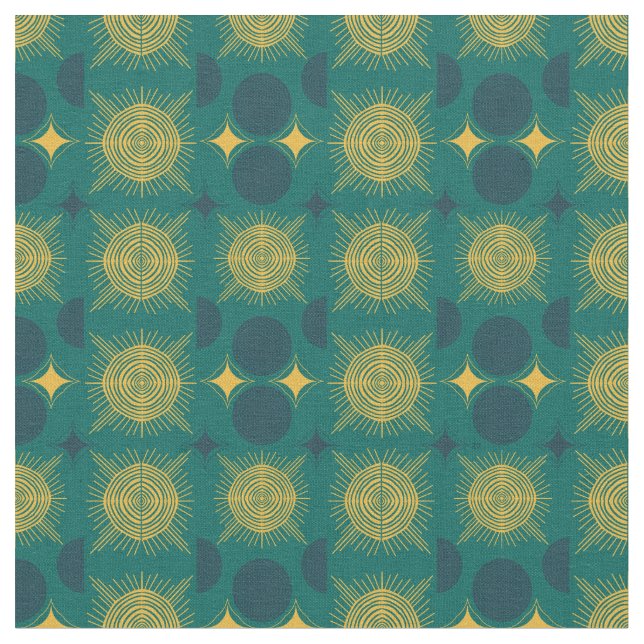Boho Celestial Sun Moon Teal Pattern Fabric (Close Up)