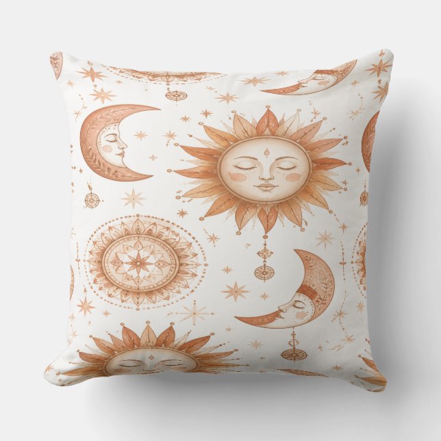 Boho Celestial Sun Moon Throw Pillow (Front)