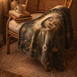 Boho Celestial Sun Moon Wildflower Garden Fleece Blanket