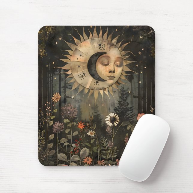 Boho Celestial Sun Moon Wildflower Garden Mouse Mat (With Mouse)