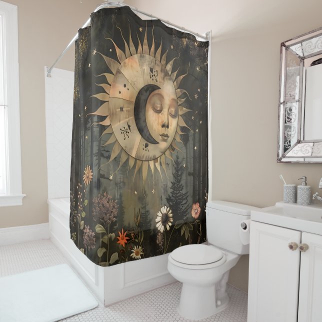 Boho Celestial Sun Moon Wildflower Garden Shower Curtain (In Situ)