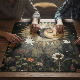 Boho Celestial Sun Moon Wildflower Garden Sports Jigsaw Puzzle