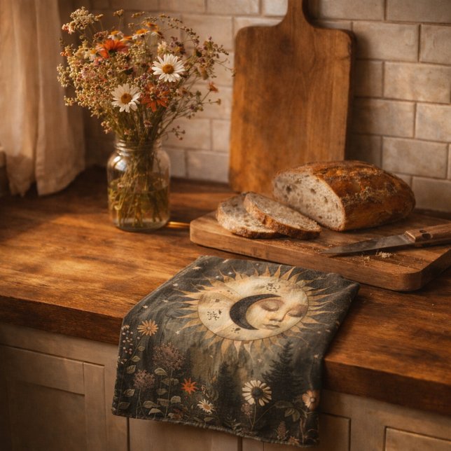 Boho Celestial Sun Moon Wildflower Garden Tea Towel (Creator Uploaded)